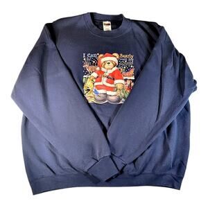 Vintage "I Can Bearly Wait for Santa" Graphic Christmas Sweatshirt Blue 3XL